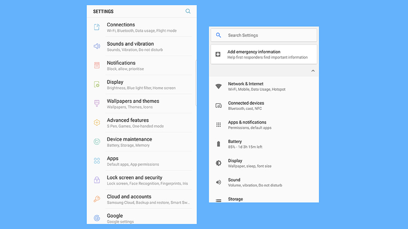 Settings upon settings—Galaxy left, Pixel right. Image: Screenshot